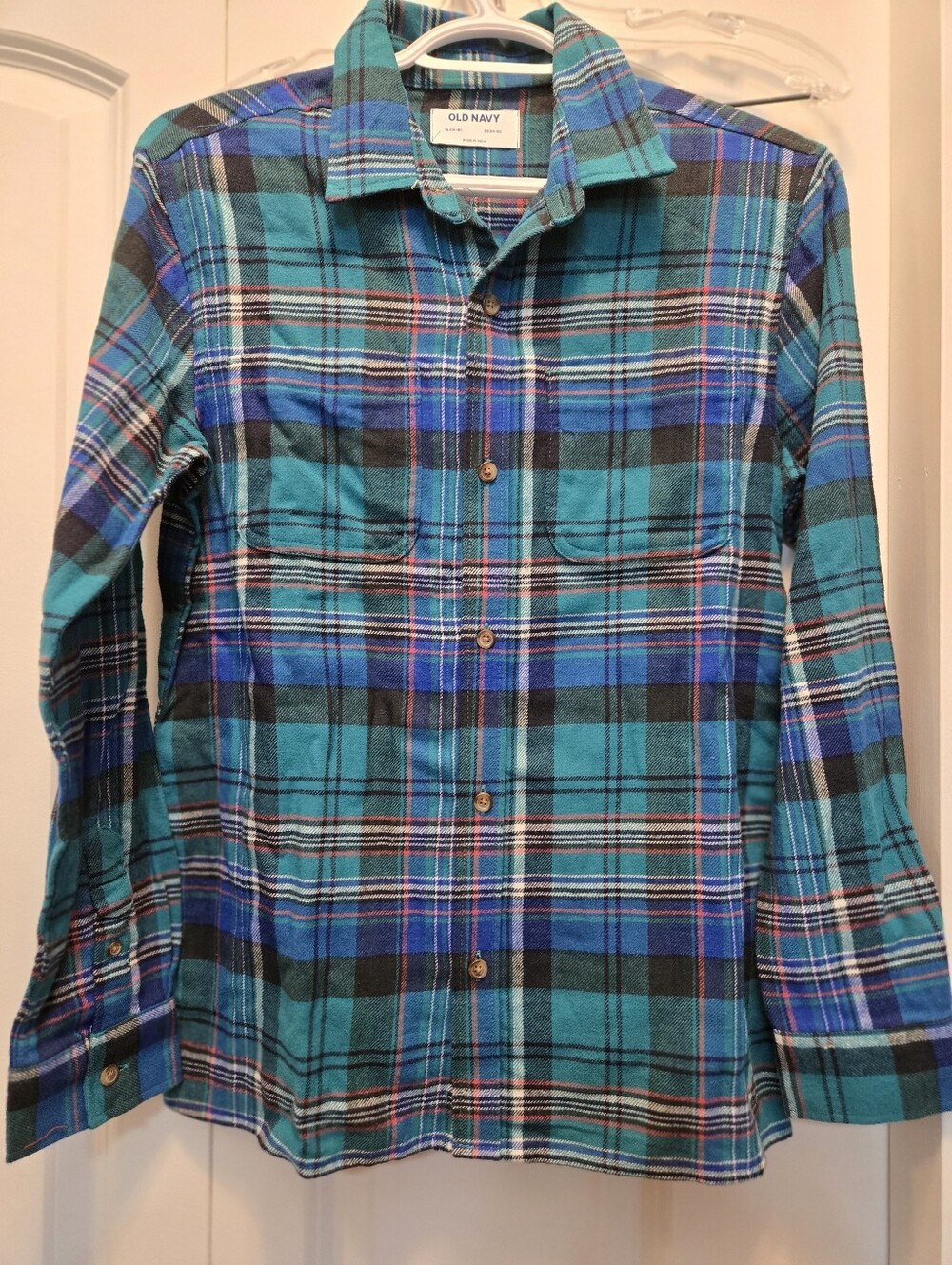 Old Navy Teal and Blue Plaid Button-Down Shirt